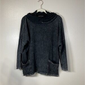 Jess & Jane Cowl Neck Mineral Wash Top Womens L 3/4 Dolman Sleeve Front Pockets